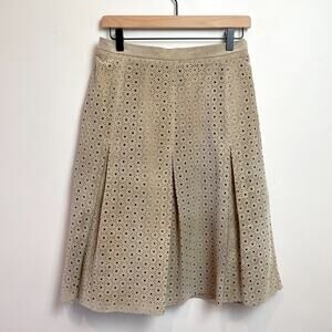 Vintage 90s Suede Leather Eyelet Midi Skirt Sz 6/8 Quiet Luxury Neutral Parisian